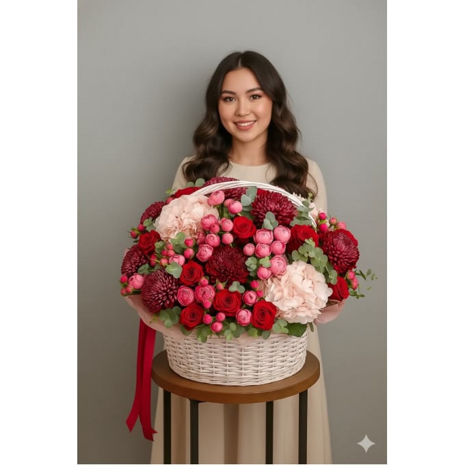 Корзина букета из хризантем, гортензий, роз, спрей роз и эвкалипта Корзина букета из хризантем, гортензий, роз, спрей роз и эвкалипта